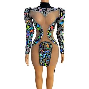 Sheer Stained Glass Applique Asymmetric Dress